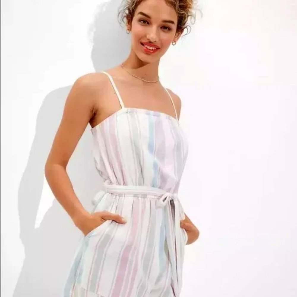 American Eagle - Pastel Striped Romper with Belt Tie and Pockets NWT Size Large